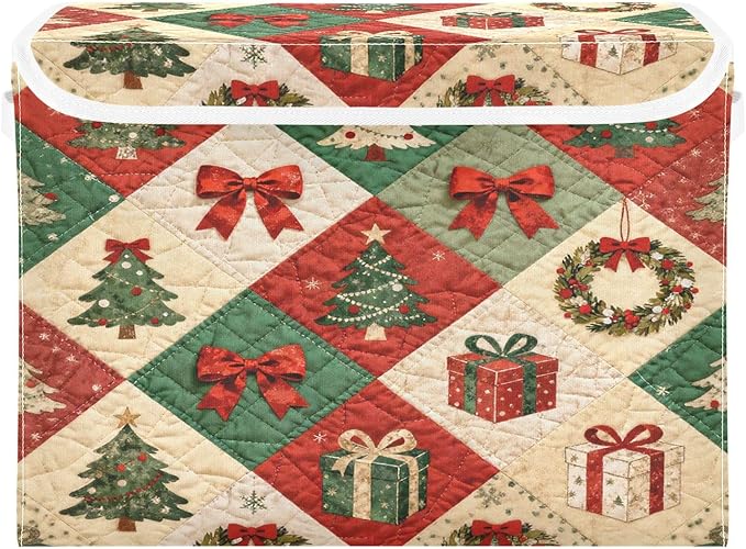 Christmas Tree Bow Gift Storage Bins with Lids Foldable Storage Basket with Handles Collapsible Large Fabric Organizer Containers for Clothes Shelves Closet Office Home