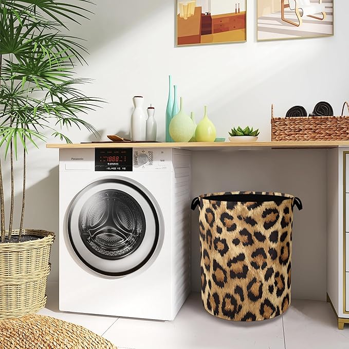 Brown Leopard Laundry Basket,Foldable with Handles Tote Bag Oxford Cloth for Bathroom Bedroom Dirty Clothes Storage Bucket 16" x 20.8"