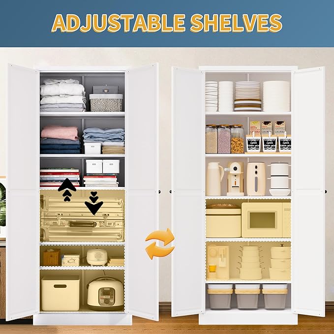Kitchen Pantry Cabinet, 72" H Storage Cabinet with Doors and Adjustable Shelves, Metal Bathroom Cabinets, Utility Cabinets for Kitchen, Living Room, Garage, Assembly Required, White