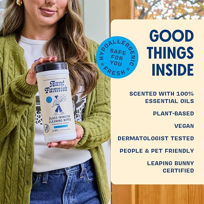 Aunt Fannie's Glass & Window Cleaning Wipes, Natural Streak-Free Glass Cleaner, 35 Count (Pack of 1)