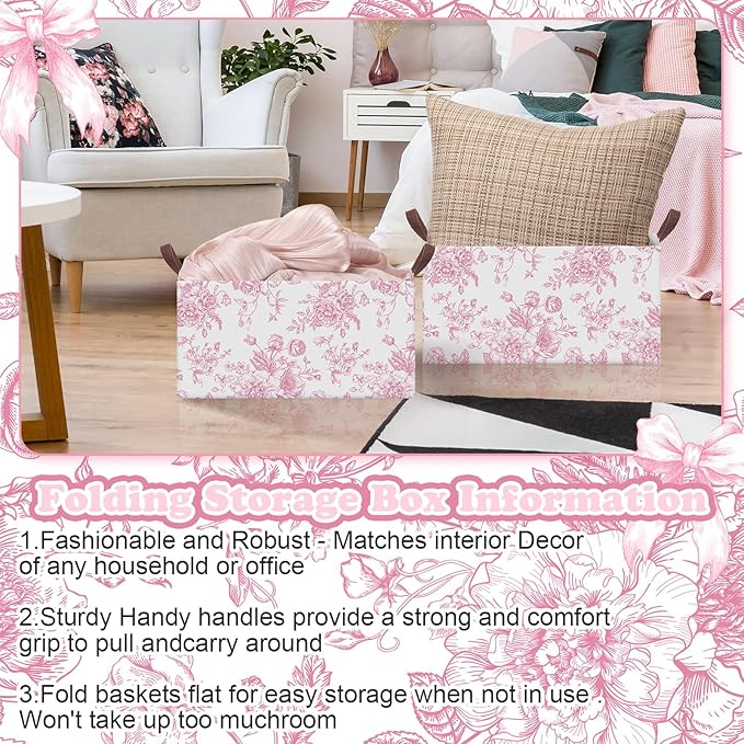 Boao 3 Pcs Pink Flower Foldable Storage Baskets Pink Hydrangea Laundry Basket with Handles Waterproof Storage Bins Fabric Shelf Baskets for Organizing Closet Clothes