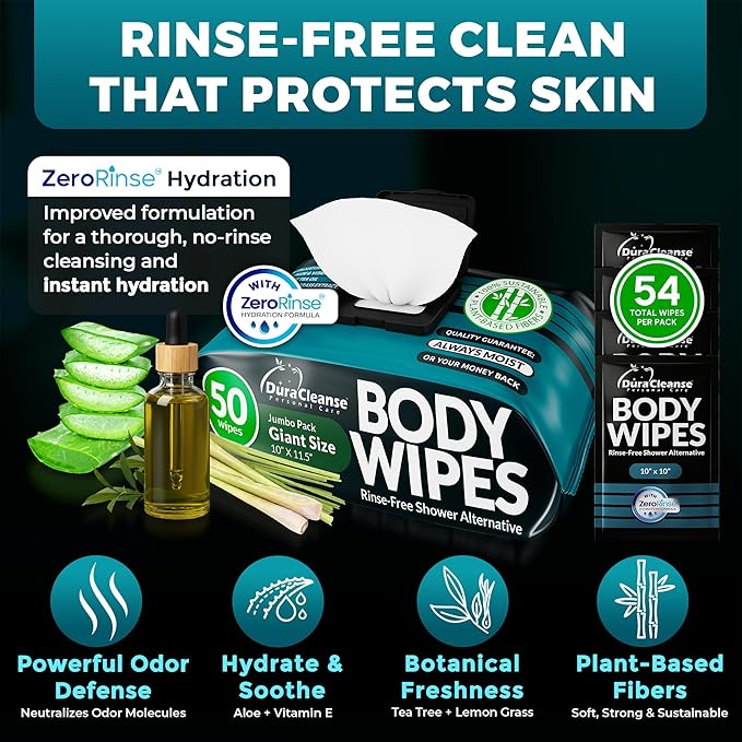 XL Body Wipes for Men - 50 No Rinse Shower Sheets + 4 Travel Bath Sachets - 10 x 11.5" After Gym Mens Deodorant Wipes - Adult Disposable Washcloths, Face Towels for Camping Essentials & Survival Gear
