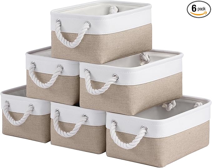 Storage Baskets for Shelves 11.8x7.9x5.2 Inch, Foldable Fabric Storage Bins with Handles, Small Storage Baskets for Organizing Closet, Office, Home Organization (6-Pack, White&Khaki)