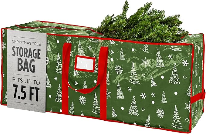 Christmas Tree Storage Bag - Stores 7.5 Foot Artificial Xmas Holiday Tree, Durable Waterproof Material, Zippered Bag, Carry Handles - Protects Against Dust, Insects & Moisture (Green Printed)