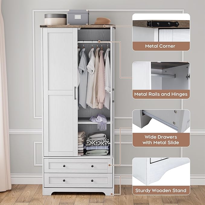 Brafab Armoire Wardrobe Closet with 2 Modern Doors, 71" Tall Freestanding Closet Wardrobe Cabinet with Drawers and Hanging Rail, Light Wooden Storage Cabinet with Shelve for Bedroom (White, 4 Doors)