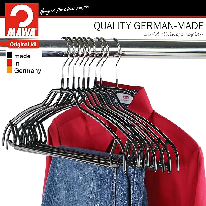 MAWA Clothes Reston Lloyd Silhouette Ultra-Thin Series, Non-Slip Space Saving Shirt Hanger with Pant Bar & Skirt Hooks, Style 42/FTU, Pack of 2, Black, 2 Count (13312M)