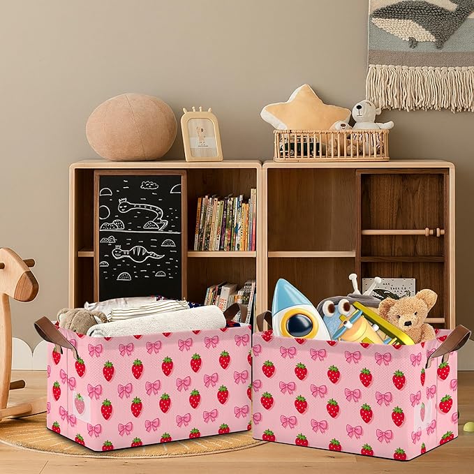 Strawberry Storage Basket with Handles,Bow Collapsible Rectangle Organizer Bin for Room Decoration Books Box Baskets 17x11.5x10Inch