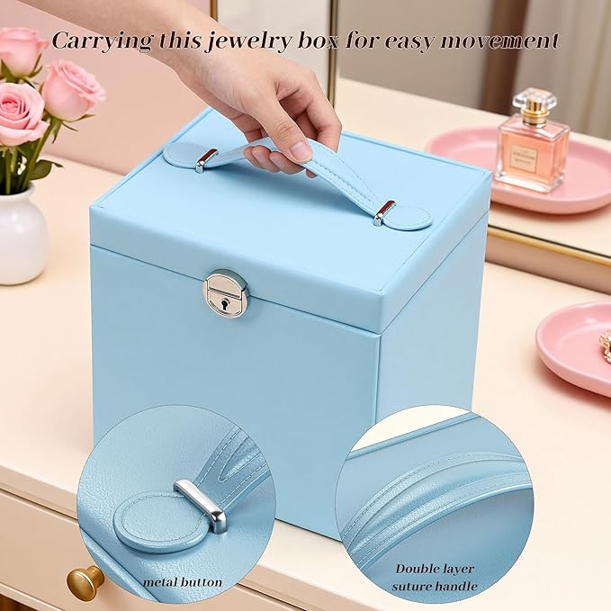 EnHomee Jewelry Box for Women, 5-Layer Large Jewelry Organizer with Mirror & 4 Drawers for Rings, Earrings, Necklaces, Bracelet Lockable Case with Lock (Blue + Silver)