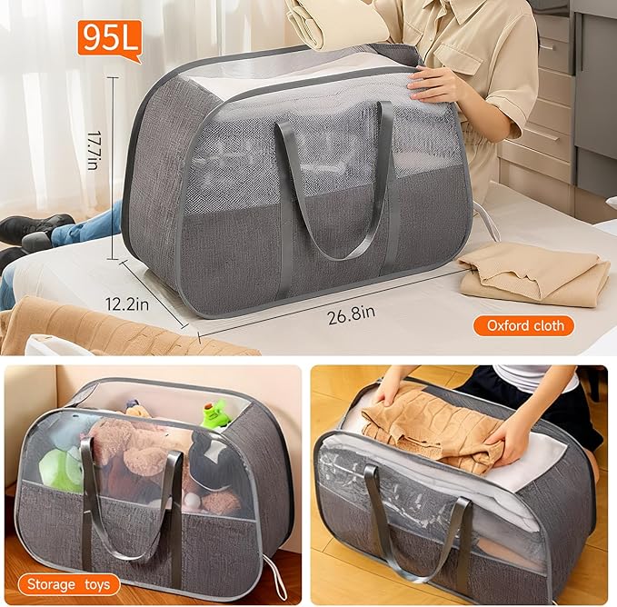 Tsmallbear Large Collapsible Laundry Hamper,Gray Oxford Cloth 95L Capacity laundry basket with Handles,Breathable Mesh Design,Sturdy Steel Frame Clothes Hamper Wide opening for easy storage