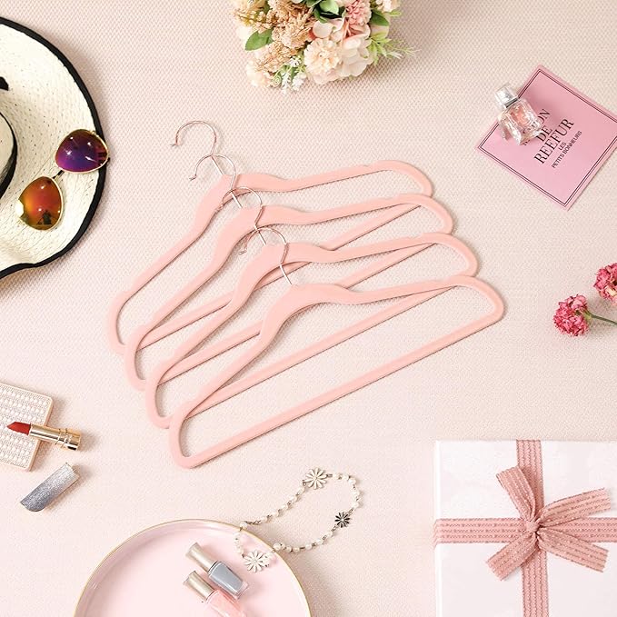 SONGMICS Slim Velvet Hangers, Non-Slip Clothes Hangers with Rose Gold Swivel Hooks, Space-Saving, for Closet, 50 Pack, Pink UCRF026P02