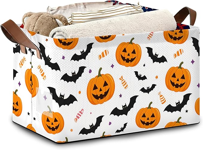 Halloween Pumpkin Bat Storage Baskets,Candy Foldable Organizer Bin with Handles for Home Living Room Bedroom Closet Box 17x11.5x10Inch