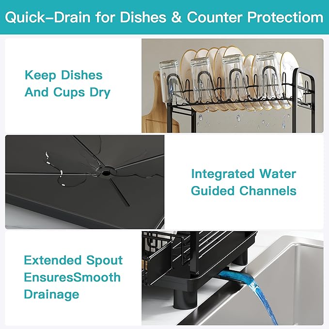 2 Tier Black Large Capacity Dish Drainers Drying Rack for Kitchen Counter, Metal Stainless Steel Rust Proof Plate Strainers Holder On Countertop with Drainboard Tray, Space Saving, Aesthetic Modern