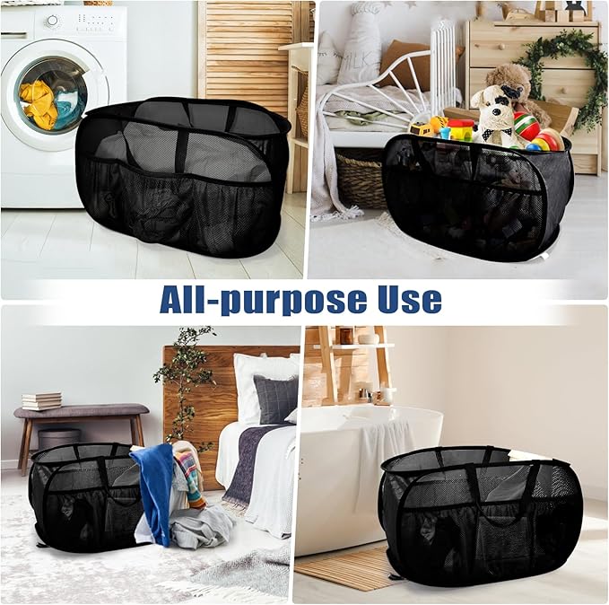 2 Pack Collapsible Laundry Baskets, Upgrade Pop Up Laundry Hamper with Convenient Bags, Foldable Laundry Basket Mesh Light Weight, Easy to Carry Clothes Hampers for Laundry, Dorm, Toys, Travel Black