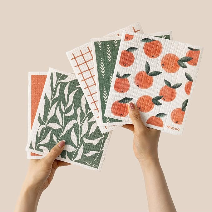 RECYCO Swedish Dishcloths for Kitchen | 5 Pack Peachy Leaves Washable Dish Rags | Cellulose Reusable Cleaning Paper Towels | Absorbent Counter Dish Cloth Sponge Kitchen Wipes, 8" L x 7" W