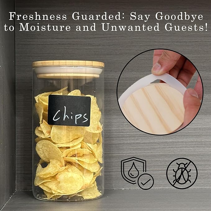EQEY Glass Storage Jars Set Elegant Containers with Airtight Bamboo Lids, Perfect for Kitchen Organization - Flour, Rice, Pasta, Sugar, Coffee Beans, Accessories Included (2 packs(37oz / 110oz))