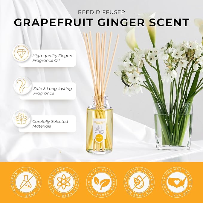 DANI Naturals Reed Diffuser Set - Fresh Grapefruit Ginger Scent - Aromatherapy Essential Oils - Alcohol-Free, Non-Toxic, Eco-Friendly - 10 Sticks - 3.5 oz
