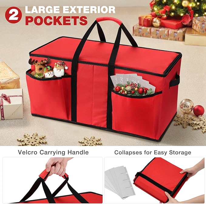 EIMMBD Christmas Ornament Storage Box and Bag, 3-Tray Organizer, Red, Large, 128 Ornaments, Waterproof, Zipper Closure