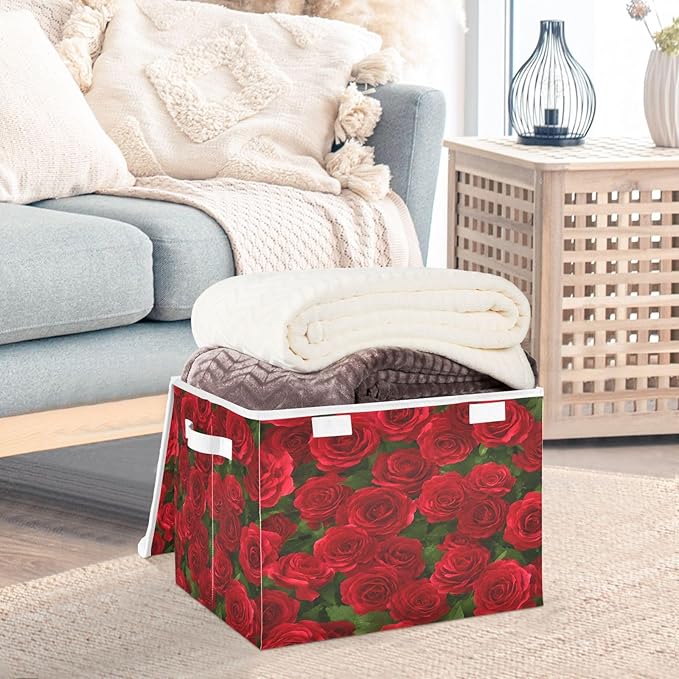 Bolaz Red Rose Leaves Pattern Storage Bins with Lids and Handles, Foldable Storage Box Storage Basket with Cover Collapsible Organizer Containers for Home Closet, Shelves