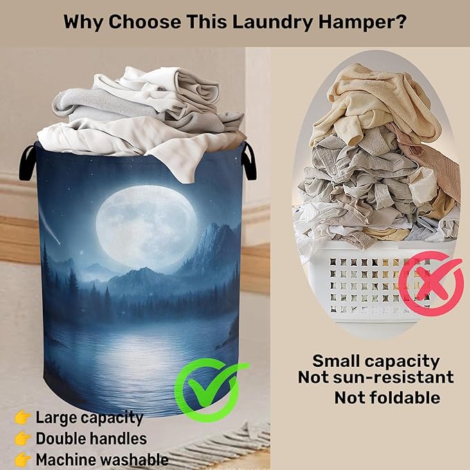 Full Moon Starry Sky Forest Laundry Basket - Heavy Duty 60L Dirty Clothes Organizer, Water Resistant Foldable Hamper for Men Women