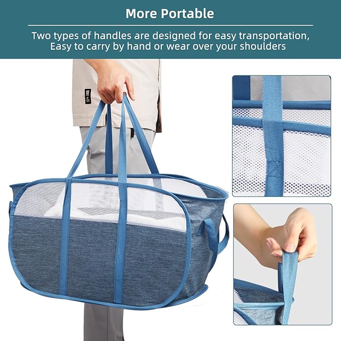 Collapsible Laundry Baskets, Tear Proof Pop Up Laundry Hamper with Dual Handles, Durable Foldable Laundry Basket, Easy to Carry Laundry Hamper for Home, Laundry Room, Bedroom, Dorm, Travel Blue