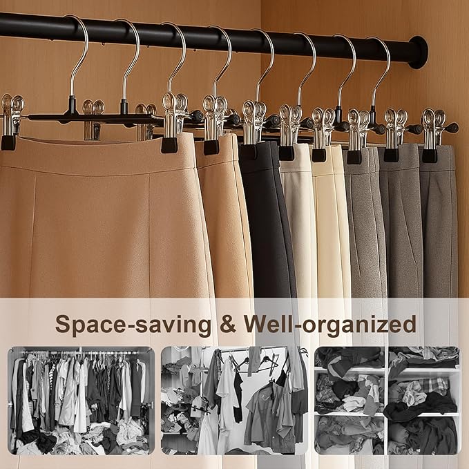 POZEAN Pants Hangers with Clips 50Pack, 12Inch Adjustable Skirt Hangers for Women, Space Saving Non-Slip Hangers for Shorts, Jeans, Coat, Kids' Clothes (Green, 50Pack)