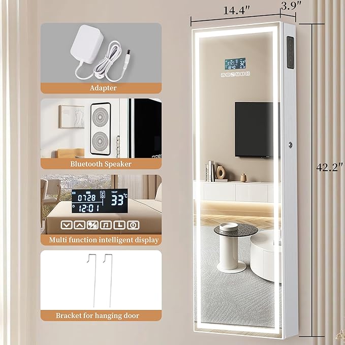 LED Mirror Jewelry Cabinet with Bluetooth Speaker, Wall/Door Mounted Jewelry Organizer Armoire, Full Length Lighted Mirror with Jewelry Storage,Jewelry Box Standing for Women