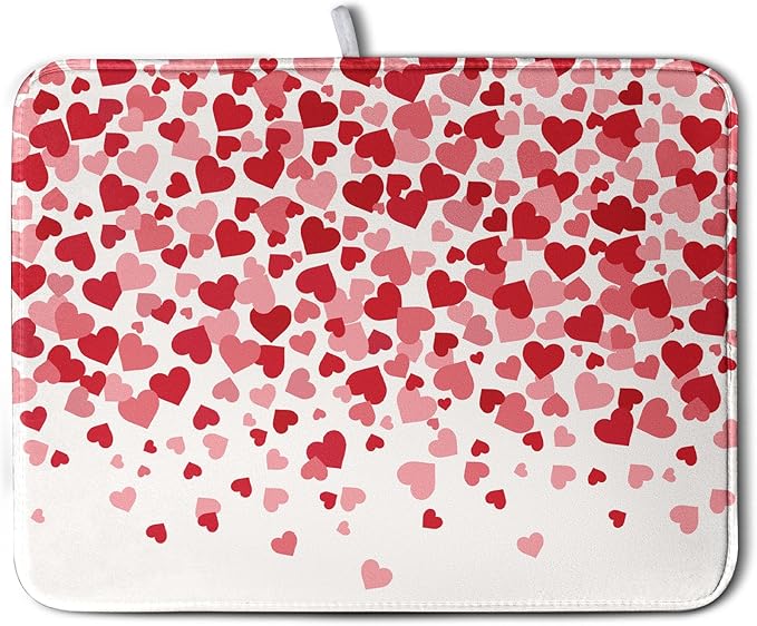Wnoesat Valentines Dish Drying Mat Pink Red Love Hearts Valentine Drying Mats for Kitchen Counter Absorbent Microfiber Reversible Dish Draining Mat Extra Large Dishes Pad 18 X 24 Inch