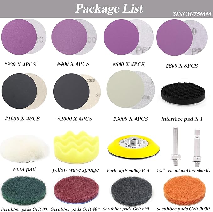 3 Inch Car Headlight Restoration Kit, 75MM Headlight Polishing Kit, Headlight Cleaning Kit with Hook & Loop Sanding Disc Grit 320-3000 Scouring Pad Polishing Pad Soft Interface Pad for Drill--41PCS
