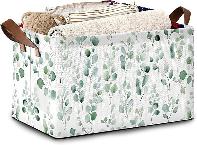 Eucalyptus Storage Basket,Leaves Collapsible Storage Bin Cubes for Living Room Bedroom Blankets Home Storage 17x11.5x10Inch