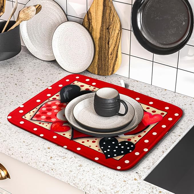 Love Heart Dish Drying Mat 16"x18" Red Dots Microfiber Dish Rack Mat Holiday Absorbent Fast Dry Draining Pad for Kitchen Counter Bar Sinks