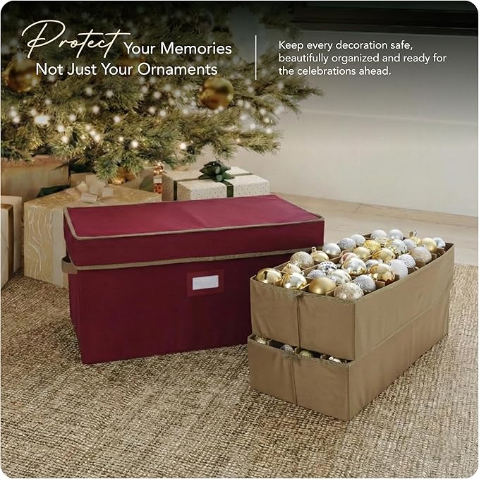Covermates Keepsakes Adjustable Ornament Storage Box – Heavy-Duty Polyester, Padded Dividers & FlexGrid Trays – Protective Holiday Organizer with Stackable Walls & Label Window, Red