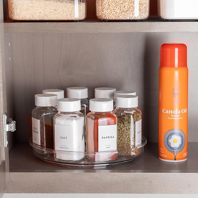 primebox 9.4" Lazy Susan Organizer. 360 Degree Rotating Turntable for Cabinets, Fridge, Pantry, Bathroom, Under Sink Organizing, Vanity, Countertops, Organizer for Spices Clear 4 Pack