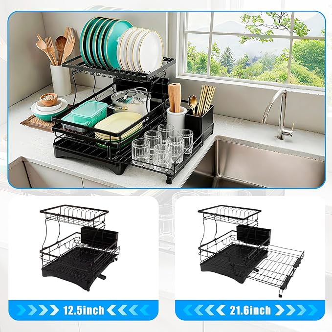 Suouezi Extendable 2 Tier Stainless Steel Dish Drying Rack | Large Over-The-Sink Rust-Resistant Rack | High Capacity with Utensil Holder | Efficient Kitchen Counter Organization & Space Saving