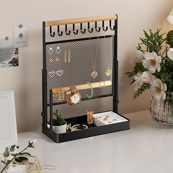 IOAIANIA Jewelry Organizer Stand with Velvet Ring Holder, Liftable Necklace Holder with Earring Organizer Net, 9 Hooks Necklaces Storage Wooden Handing Bar for Bracelets Watches Rings (Black)