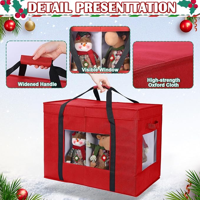Christmas Figurine Storage Box, 24”x18”x15” Ornament Storage Box, 2025 UpgradeNutcracker Storage Box, Figurine Storage with Dividers, Adjustable Extent Area for Figurines and Pocket, Red