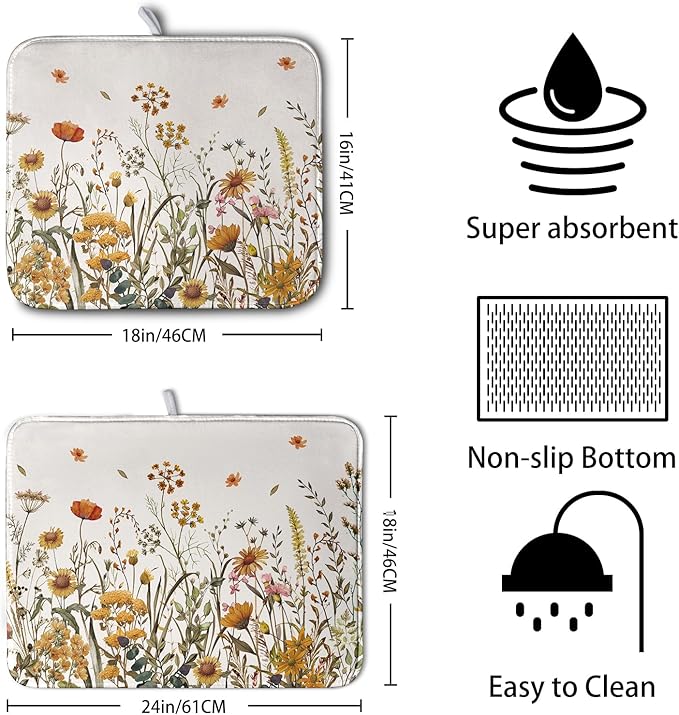 Kwlegh Fall Floral Dish Drying Mat for Kitchen Counter Autumn Burnt Orange Wild Flowers Dish Draining Mat Absorbent Microfiber Dishes Pad Washable Dish Drainer Rack Mat Medium 16"x18"