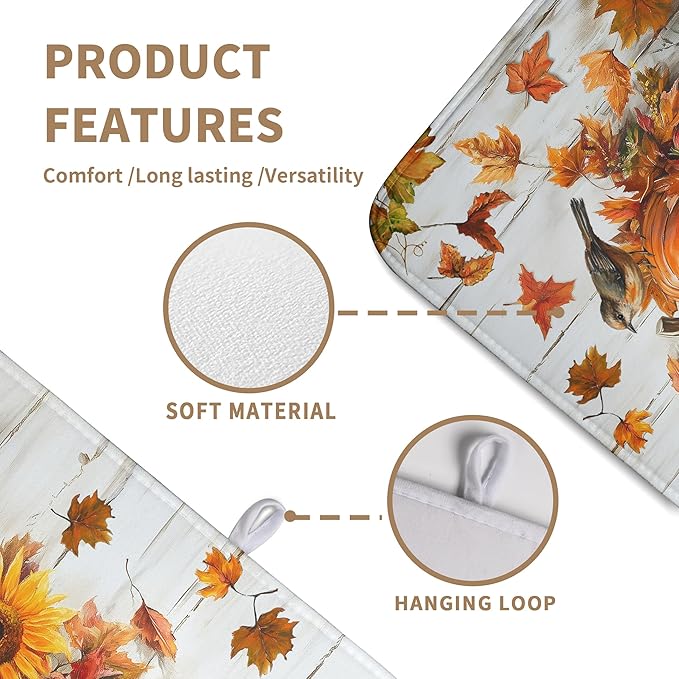 Wnoesat Fall Dish Drying Mat for Kitchen Counter Pumpkin Sunflower Maple Leaf Birds Drying Mats Autumn Thanksgiving Harvest Dish Drainer Mat Absorbent Microfiber Dishes Pad Large 18x24 Inch