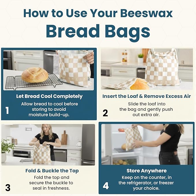 Buzzy Bags 3-Pack Reusable Beeswax Bread Bags (XL, M, S) - Organic Cotton Beeswax Bread Storage Bag for Homemade Bread & Sourdough Freezer-Safe, Breathable & Freshness Support - Eco-Friendly Bread Bag