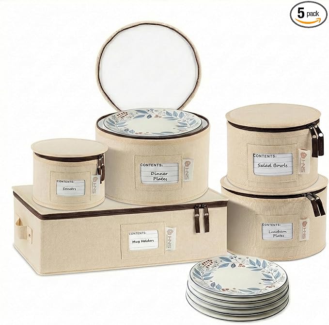 China Storage Hard Shell Containers 5-Piece Set Moving Boxes for Dinnerware, Glasses, Plates, Mugs and Saucers Sturdy Dish Organizer with Dividers for Seasonal Storage - Service for 12 - Beige