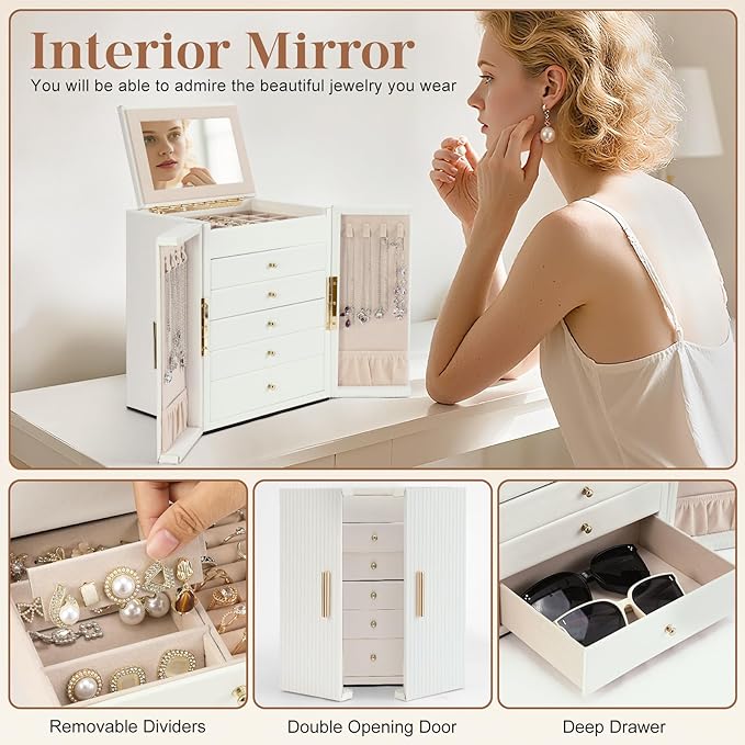 Dajasan Large Jewelry Organizer Box, Jewelry Boxes for Women Girls, 6-Tier Jewelry Storage Organizer with Mirror for Necklace Ring Bracelet Watch, Gift Idea (White)