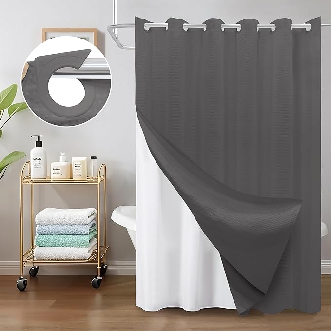 Inhousolu No Hook Waffle Weave Shower Curtain with Removable Snap in Fabric Liner Set for Bathroom, 230 GSM Heavy Duty Weighted Hem, Water Repellent Washable Bath Curtains, 72 x 78 Inch, Graphite Grey