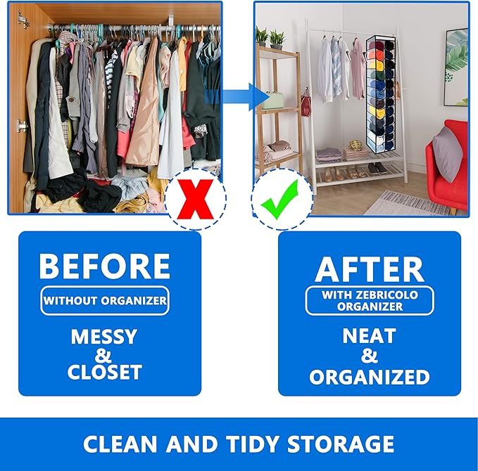 Zebricolo Closet Organization, 24 Section Hanging Closet Organizer, Space Saving, College Dorm Essentials, Heavy Duty Hooks Up to 45 Pounds, White/Black