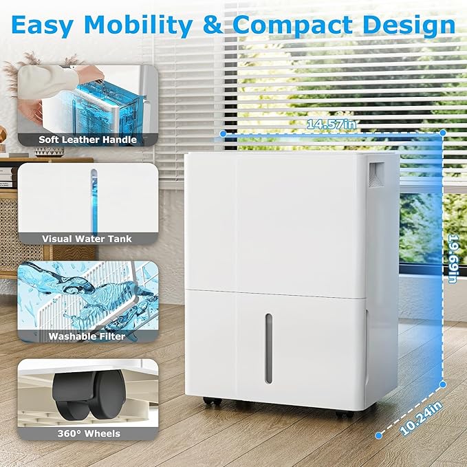 ZAFRO 55 Pint（max） 2500 Sq Ft Dehumidifier, Portable Dehumidifier with Drain Hose & Dry Clothes Mode, 38.7dB Ultra Quiet for Home, Large Room, Basement, Garage, Bathroom, Bedroom with Washable Filte