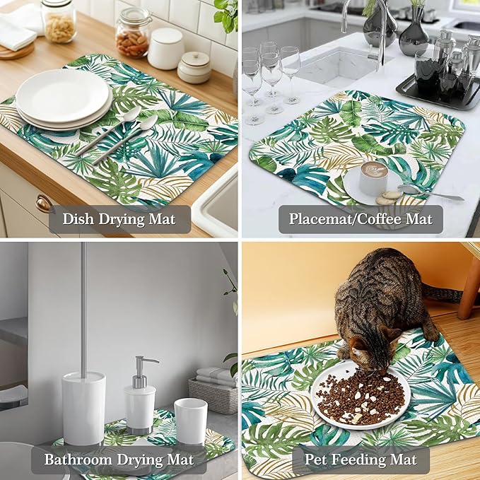 Quick Absorbent Kitchen Drying Mat - Stylish Patterns Dish Drying Mat- 16×18 Inch & 18×24 Inch Kitchen Drainer Mat for Countertops, Dishes & Glassware