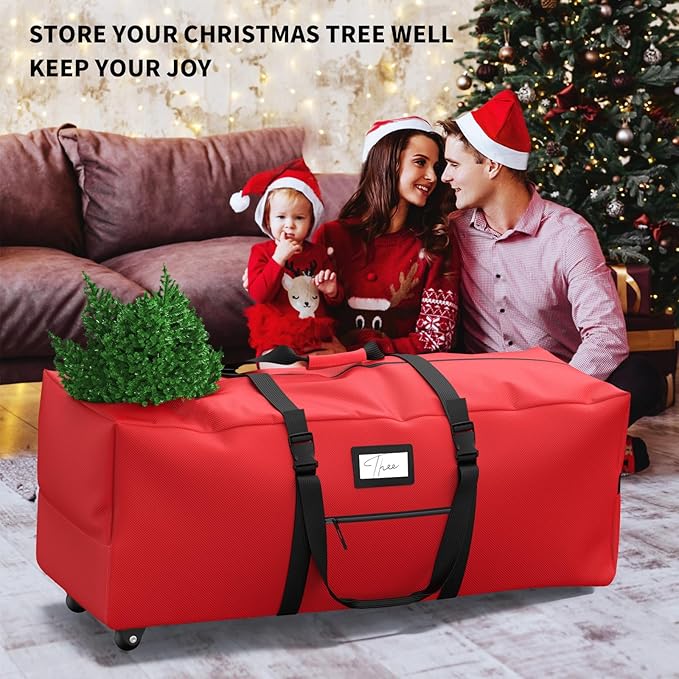 Rolling Christmas Tree Storage Bag, Fits Up to 7.5 ft Artificial Xmas Disassembled Trees. Extra Large Storage Container with Wheels and Handles. Against Dust and Moisture (Red)
