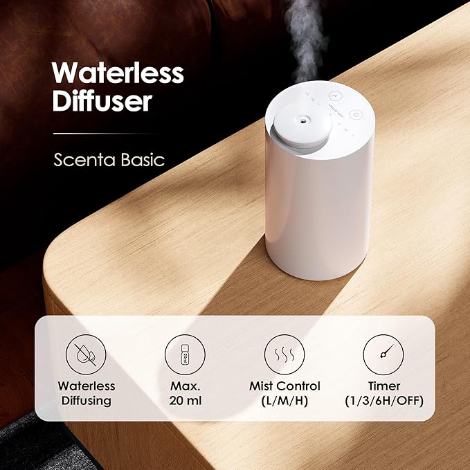 Airversa Waterless Essential Oil Diffuser Starter Kit with 30mL Hotel Fragrance Oil Inspired by Blagio, Battery Operated Car Diffuser, Portable Aroma Nebulizer for Home Car Office, AN6Kit-4, White