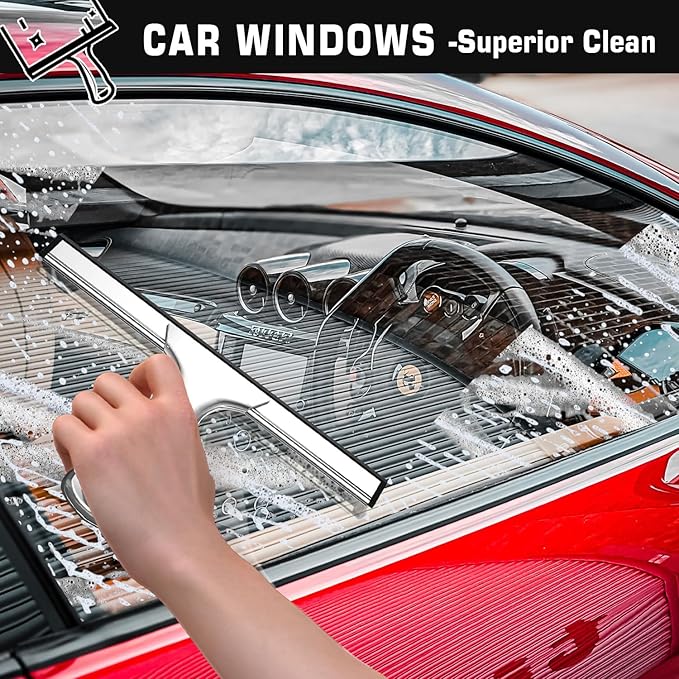 OVSGTTZ All-Purpose Stainless Steel Shower Squeegee for Glass Doors with 2 Adhesive Hooks, Squeegee for Bathroom Cleaner Tool Household Window Mirror Squeegee, Cleaning Tile Wall, Car, 10 Inch Silver