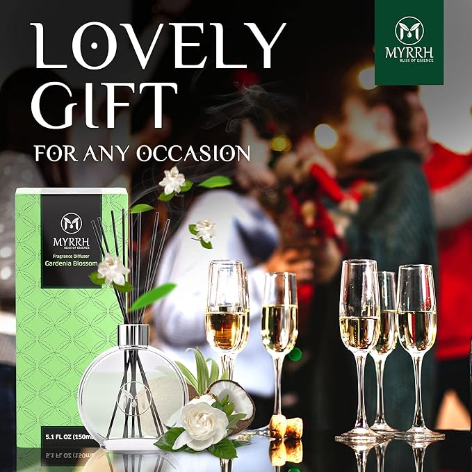 Gardenia Blossom Scented Reed Diffuser Set with 8 Rattan Diffuser Sticks, 150 ml, All Natural Air Freshener, Long-Lasting Diffusers at Home - MyrrhUSA