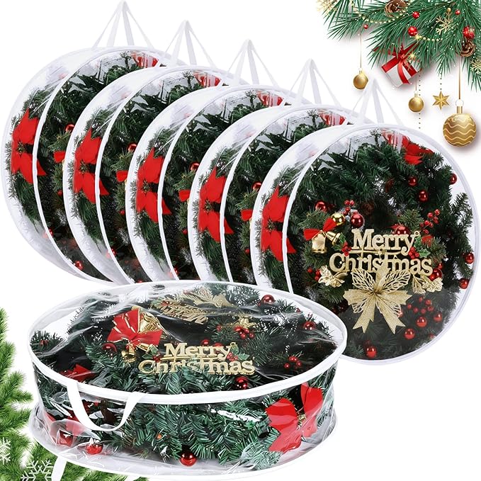 Shappy 6 Pieces Christmas Wreath Storage Container 30 Inch Wreath Plastic Storage Bags with Dual Zippers and Handles for Xmas Thanksgiving Holiday Artificial (Clear)