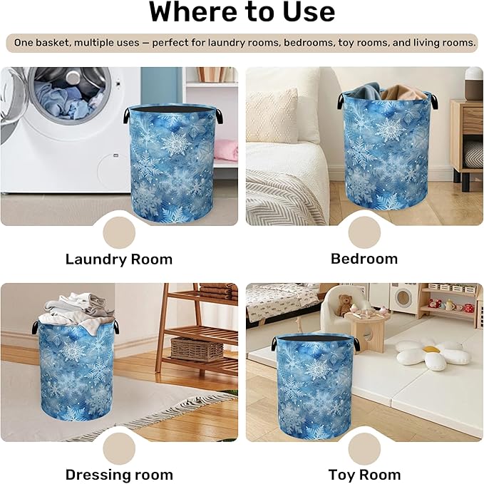 Winter Laundry Basket, Snowflakes Laundry Hamper, Heavy Duty 60L Dirty Clothes Organizer, Water Resistant Foldable Hamper for Men Women